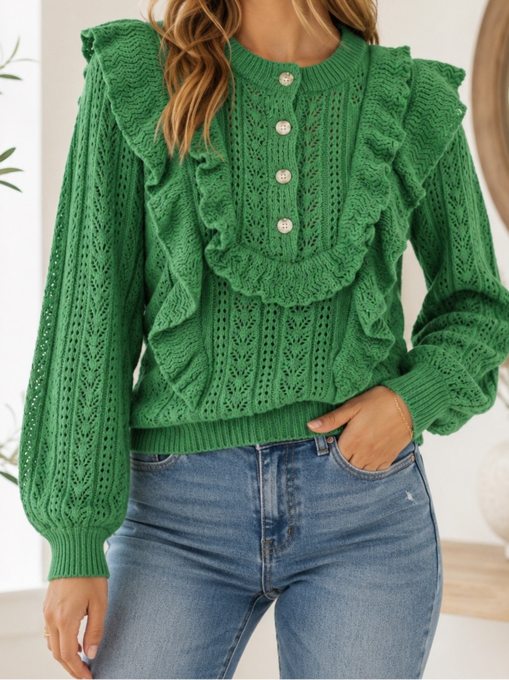 Lost + Wander Green Ruffle Lace-Knit Crew Sweater NWT XS/S $118